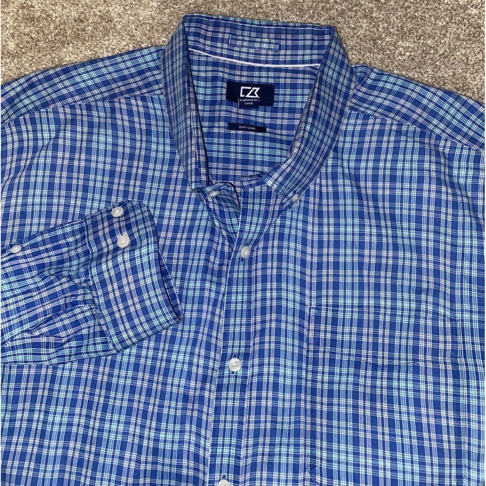 Cutter & Buck Blue Plaid Mens 3XB Easy Care Button Down Polyester/Cotton‎ Preppy